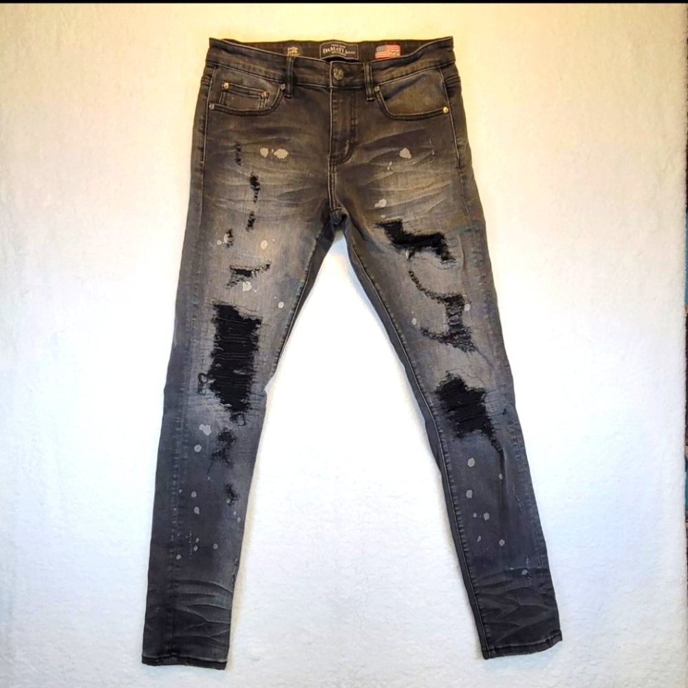 Damati Mens Skinny Moto Style Factory Distressed Black Denim Jeans Sz 36/32